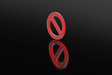 Parlak siyah bir zemin üzerinde net bir yansıması olan, kısıtlamayı, yasağı ya da yasak erişimi sembolize eden, koyu eğimli bir arkaplanda izole edilmiş, 3 boyutlu bir giriş yasağı veya giriş yasağı sembolü.