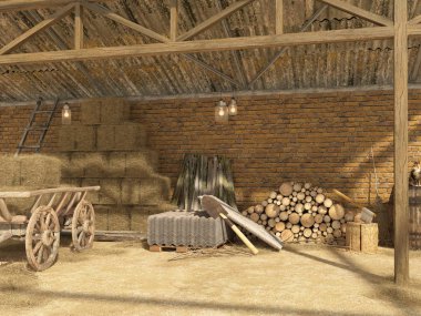 Balya saman, yakacak odun, çalışması için araçları ile eski kırsal ahır. Eski bir el arabası ile bir gölgelik altında saman. 3D görüntüleme.