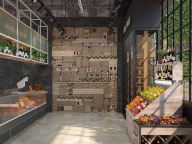 İç tasarım Şarküteri bakkallar. Loft tarzı. Peynir, şarap, meyve ile ticaret ekipman. 3D görüntüleme.