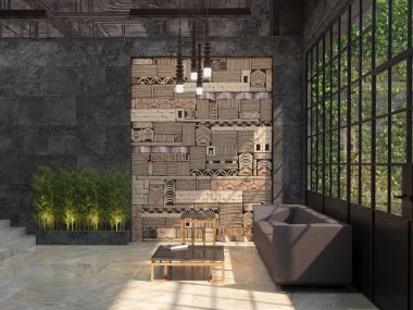 Geri kalanı için bir köşe ile bir ofis binasının bir iç tasarımı. Loft tarzı. 3D görüntüleme.