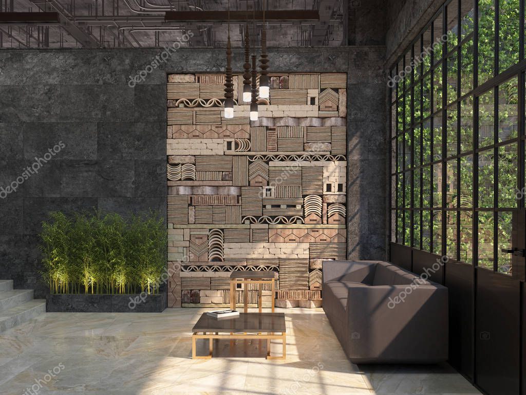 Design of an interior of an office hall with a corner for rest. Loft style. 3D visualization.