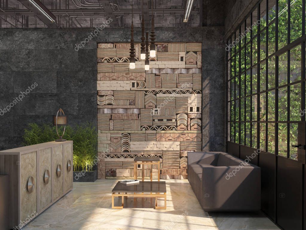 The interior design of the hall with a reception desk and waiting place. Loft style. 3D visualization.