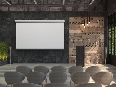 Siyah duvar projektörde bir toplantı salonu boş beyaz ekran ile. Bir sahne ve performans için bir stand ile konferans salonu iç. Loft tarzı. 3D görüntüleme.