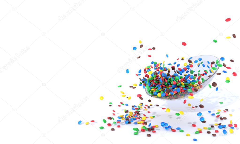 Glass plate with a lot of small colorful round candies.  Pile of sweets scattered on a white background with free space for insert text. 3D rendering.