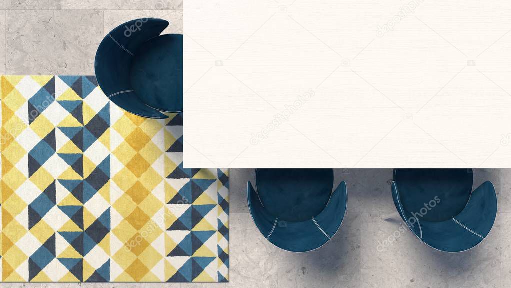 Empty white tabletop with blue armchair standing on the concrete floor with geometric patterned carpet. Top view with copy space. 3D rendering