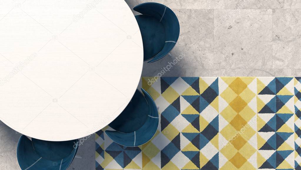 Empty white tabletop with blue armchair standing on the concrete floor with geometric patterned carpet. Top view with copy space. 3D rendering