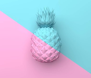 Alone pineapple is divided in half obliquely blue and pink color. Illustration in pastel colors. Tropical exotic fruit isolated on pink and blue pastel background. 3D rendering. clipart