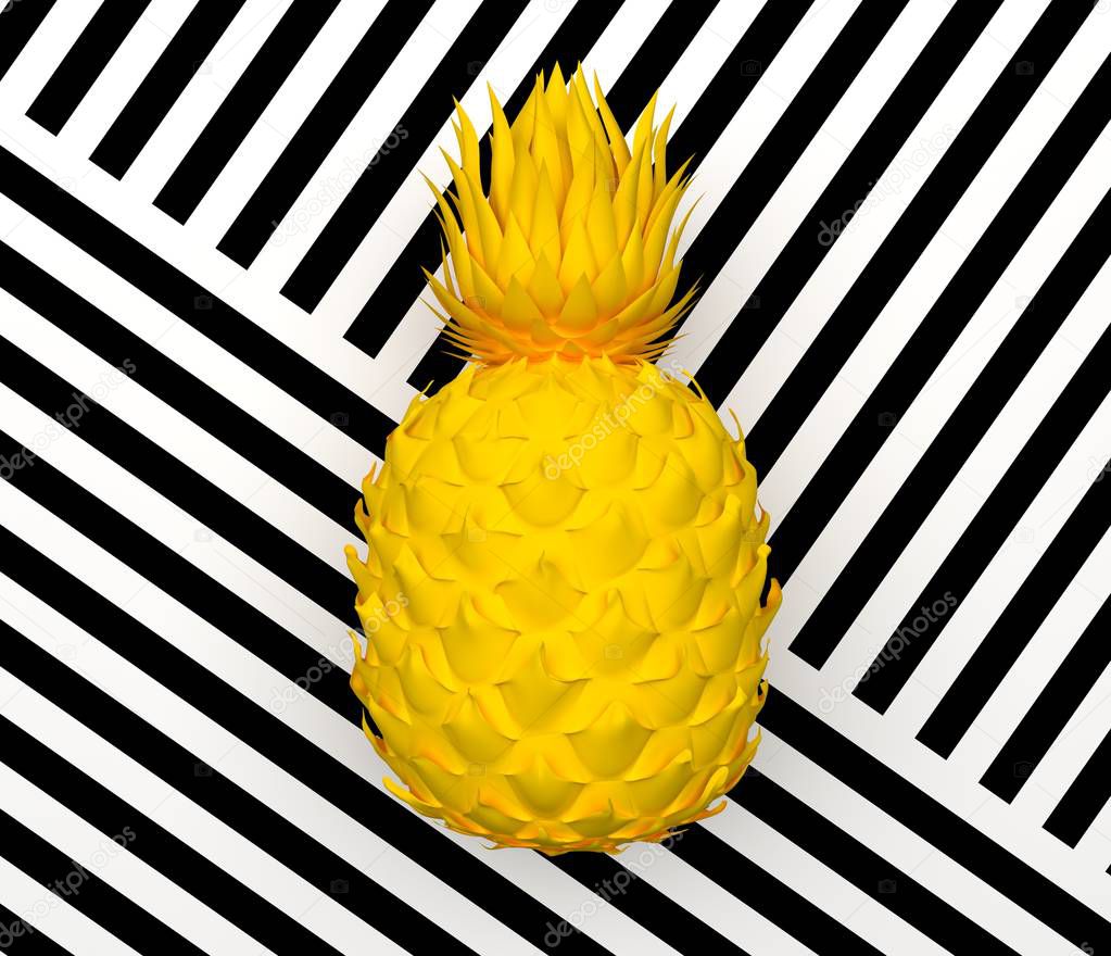 Alone yellow abstract pineapple isolated on a background with a black and white stripe. Tropical exotic fruit. 3D rendering.