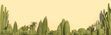 Kaktüsler, aloe ve uçuk sarı arka plana izole tek renkli yeşil olour etli bitki grubudur. Metin veya logo için alan ile uzun banner web sitesi başlık veya diğer projeler için. Önden görünüm. 3D render.