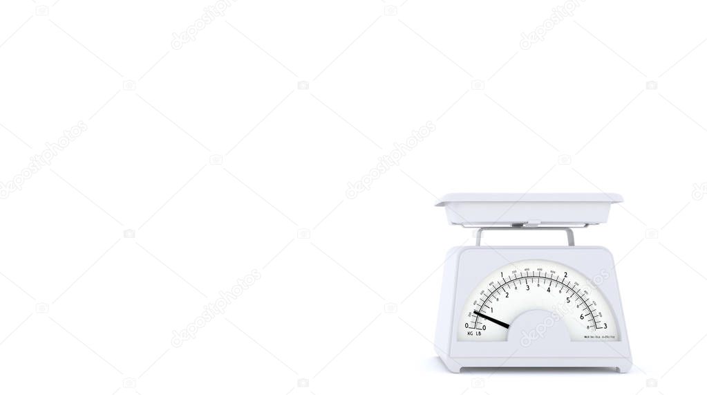 White old kitchen weight scales on white background with free space for text or logo. Copy space. 3D rendering.