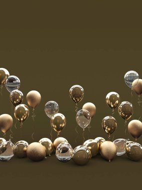 Bir sürü kahverengi zemin üzerine altın balonlar. Mat, parlak ve şeffaf balonlar. 3D render.