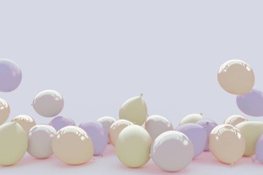 Bir sürü balon pembe pastel renkler içinde bir ışık mor zemin üzerine. Kopya alanı ile tebrik kartı. 3D render.