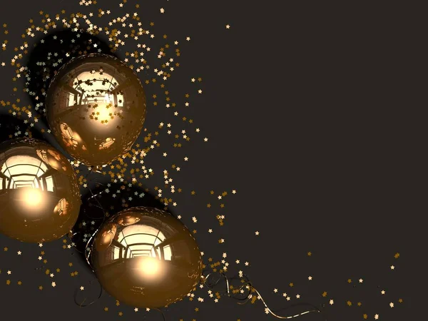 Três Balões Dourados Com Confete Dourado Jazem Sobre Fundo Preto — Fotografia de Stock
