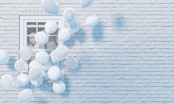 Many white balloons fly out from an open window on the background of a white brick wall. Illustration in monochrome white color. Copy space. 3D render.