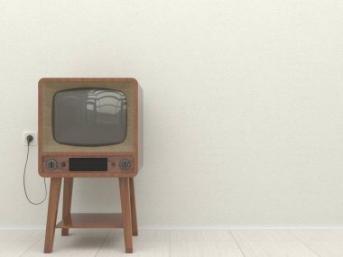Eski retro Tv bir arka plan beyaz duvar bir oturma odası iç. Uzay kopyalayın. 3D çizim.