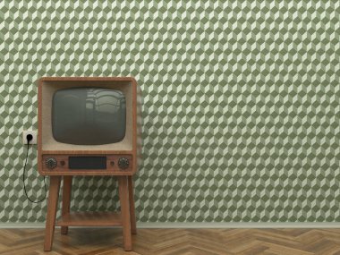 Oturma odası iç eski retro Tv bir arka planda bir duvar yeşil soyut duvar kağıdı ile parke zemin üzerinde duruyor. Uzay kopyalayın. 3D çizim.
