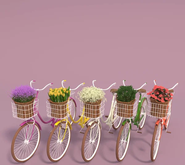 Set Biciclete Vechi Retro Flori Multicolore Coșuri Stau Într Rând — Fotografie, imagine de stoc