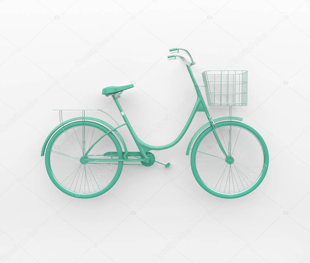 Single retro bicycle painted in monochrome turquoise. Isolated on white background. Abstract concept. 3D render.