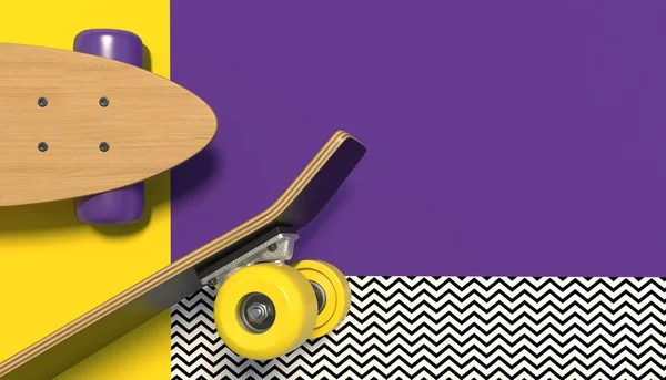 Dřevěné Skateboard Jasně Barevnými Koly Barevné Pozadí Geometrickými Vzory Kopírovat — Stock fotografie