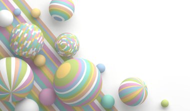 Soyut geometrik bileşiminde küreler dan pastel renkler renkli şeritler halinde farklı boyutlarda. Beyaz bir arka plan üzerinde metin için yer kopyalayın. Gerçekçi 3d render.