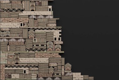 Dekoratif taş siyah zemin üzerine sınır çerçeve. Kopyala yer. Yıkık duvar blok taş ve tuğla desenli antik stilde. Soyut geometrik kompozisyon. 3D render.