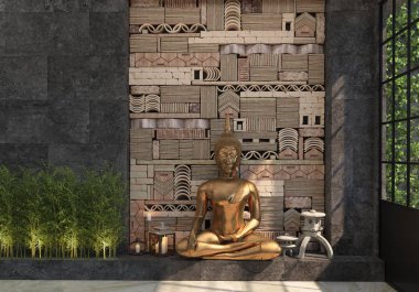 Ev dekorasyonu ile altın heykelini Buda'nın siyah bir duvara taş bir etnik desenli. Dekoratif öğeler kümesi bileşimi. Çatı katı tarzında iç tasarım. 3D render.
