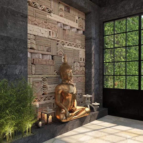 Arredare Casa Con Una Statua Oro Buddha Contro Muro Nero — Foto Stock