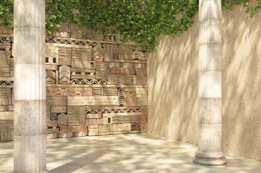 Bir sarmaşık kaplı dekoratif duvar ve eski sütunları boş köşesinde. Duvar blok taş ve tuğla desenli antik stilde. Kopyala yer. Antik mimari. 3D render.