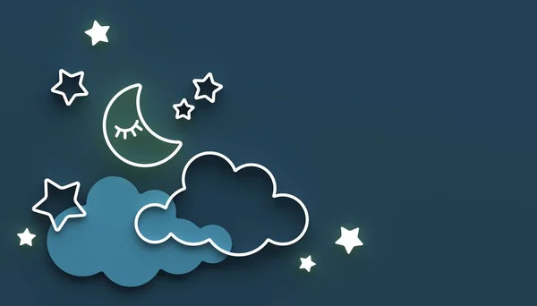 Cartoon sleeping moon, clouds and stars in the night sky. Wishing good night and sweet dreams. Greeting card with copy space. 3D render.