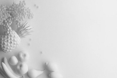 Tek renkli meyveler beyaz bir arka plan üzerinde beyaz rakam bileşimi. Metin için kopya yer ile banner. Üstten Görünüm gıda kümesi. 3D render.