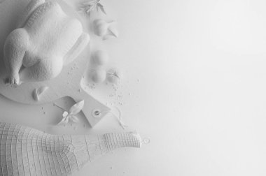 Et, jamon, tavuk, otlar ve baharatlar beyaz bir arka plan üzerinde beyaz rakam tek renkli bileşimi. Metin için kopya yer ile banner. Üstten Görünüm gıda kümesi. 3D render.