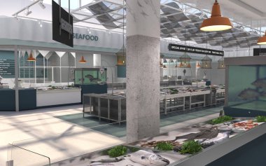 İç Dükkanı taze balık ve deniz ürünleri. 3D render. Balık pazarının tasarım projesi.