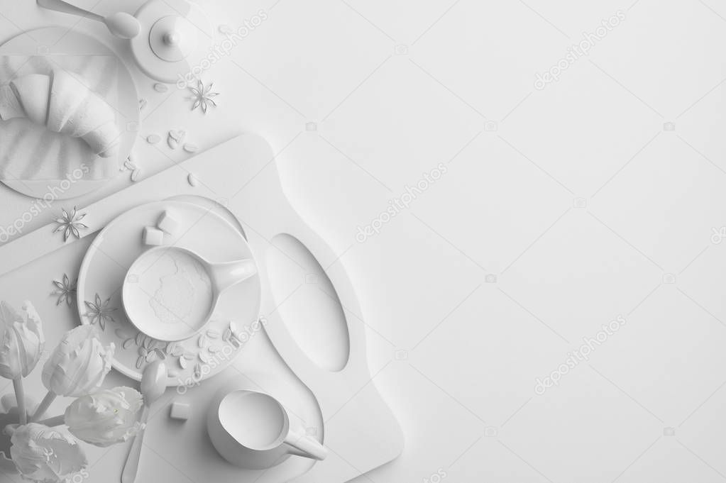 Monochrome composition of morning breakfast with a cup of coffee and a croissant on a white background. Banner with copy space for text. A set of food on the top view. 3D rendering.