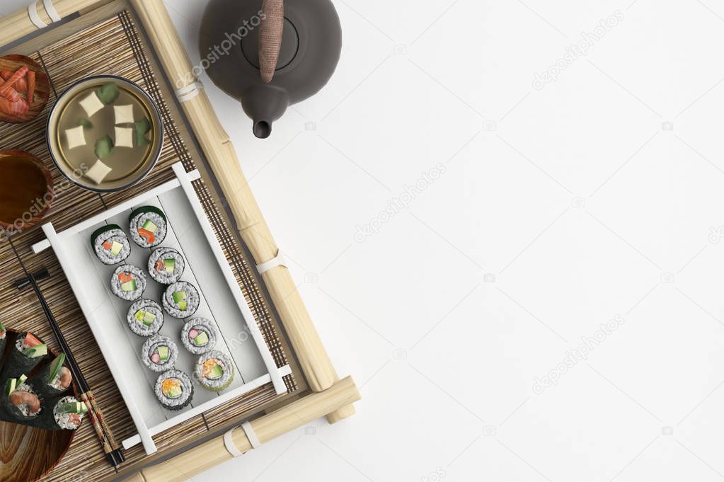 Composition of sushi and rolls set on a white background. Banner with copy space for text. A set of traditional japanese food on the top view. 3D rendering.