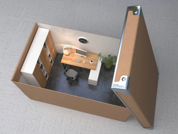段ボール箱内のインテリアオフィススペース 概念的なイラスト レンダリング — ストック写真