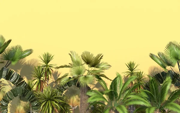 コピースペースと黄色の背景に緑のヤシの木や熱帯のエキゾチックな植物 概念的な創造的なイラスト レンダリング — ストック写真