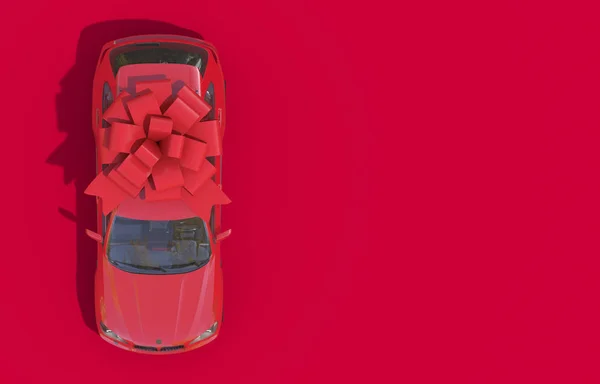 Carro Vermelho Embrulhado Laço Fita Vermelha Fundo Vermelho Presente Caro — Fotografia de Stock