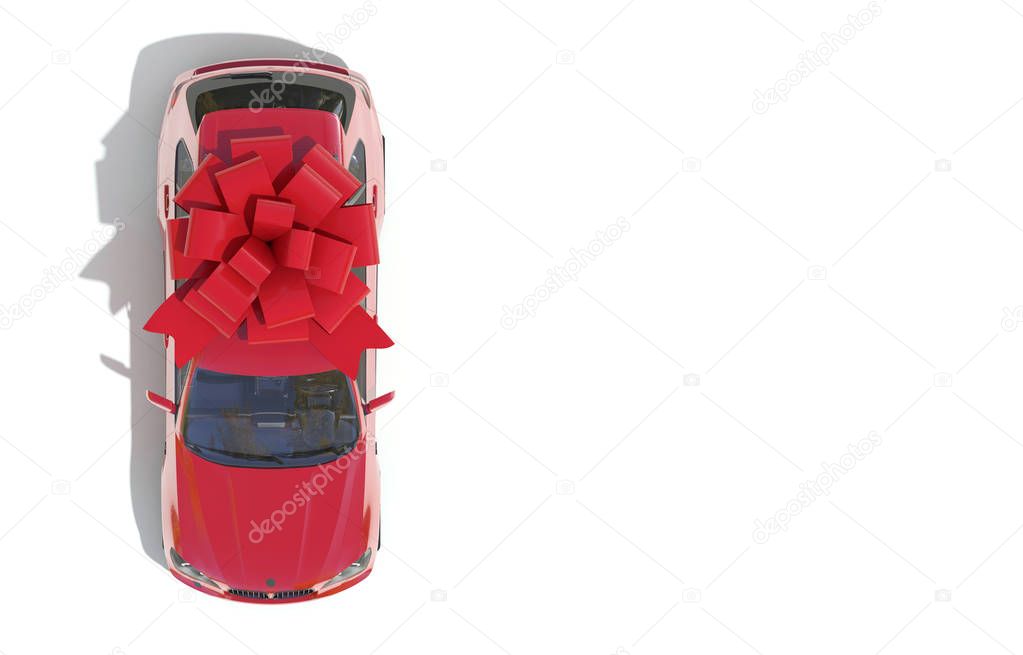 Red car wrapped in a red ribbon bow on a white background. Expensive gift. Top view. 3D render with copy space.