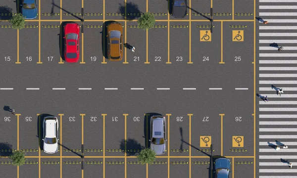 Car parking lot with road markings and numbering parking spaces. Parking with cars, people, pedestrians and pedestrian crossing. Top view. 3D render.