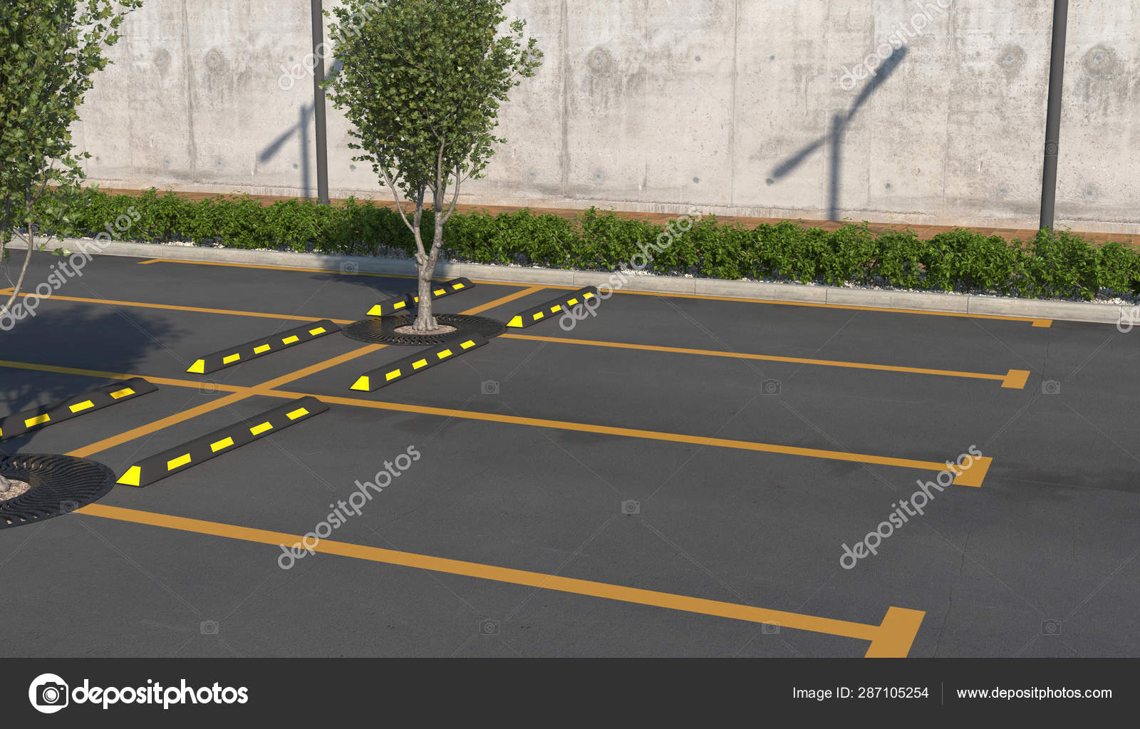 Aparcamiento Vacío Sin Coches Plazas Aparcamiento Acera Para Peatones Con —  Foto de stock #287105254 © Jud_g, image size:1600x1023