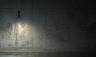 Beton duvarın önünde bir spot ile alacakaranlık karanlık oda. Kopya alanı ile Loft tarzında kasvetli iç. 3B işleme.