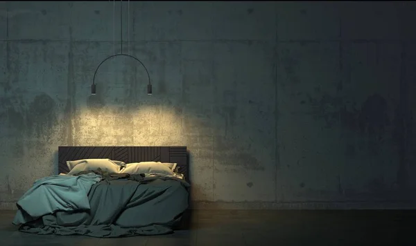 Темна Кімната Сутінках Порожнім Ліжком Стоїть Підлозі Перед Бетонною Стіною — стокове фото