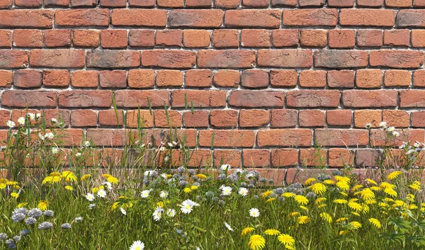 Old brick wall with grass, overgrown with weeds and wildflowers on a summer sunny day. Front view. Illustration with copy space. 3D render.