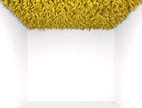 Interior with white walls. Exhibition installation with a lot of bananas on the ceiling. Creative decorative composition. Modern Art. 3D rendering.
