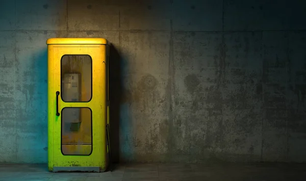 Cabine Telefone Amarelo Velho Único Estilo Retro Chão Frente Parede — Fotografia de Stock