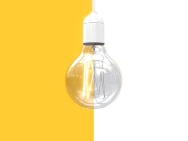 Edison's light bulb on and off. Image of an incandescent lamp divided in half into two parts. Contrast comparison of opposites. Isolated on white and yellow background. 3D rendering clipart