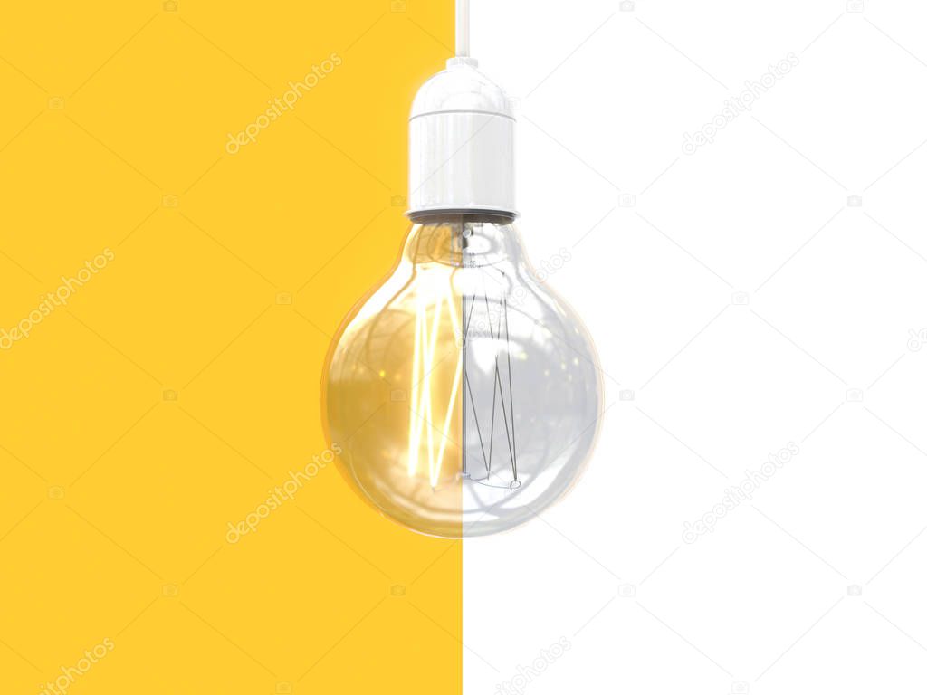 Edison's light bulb on and off. Image of an incandescent lamp divided in half into two parts. Contrast comparison of opposites. Isolated on white and yellow background. 3D rendering