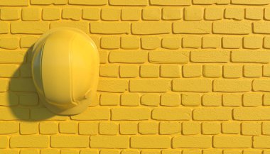 Sarı tuğla duvar bir arka plan üzerinde sarı inşaat kask. Kopya alanı ile tek renkli çizim. İnşaatçı Çalışma Üniforması. 3d render