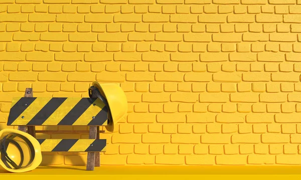 Capacete de construção amarelo e sinal de barreira fechada está em um fundo de uma parede de tijolo amarelo. Ilustração monocromática com espaço de cópia. Renderização 3D . — Fotografia de Stock