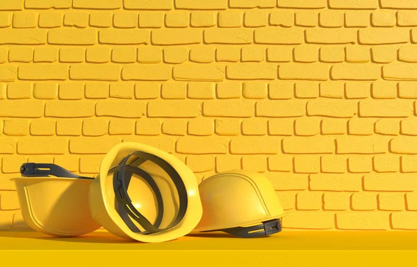 Capacete de construção amarelo em um fundo de uma parede de tijolo amarelo. Ilustração monocromática com espaço de cópia. Construtor de trabalho uniforme. Renderl 3D — Fotografia de Stock